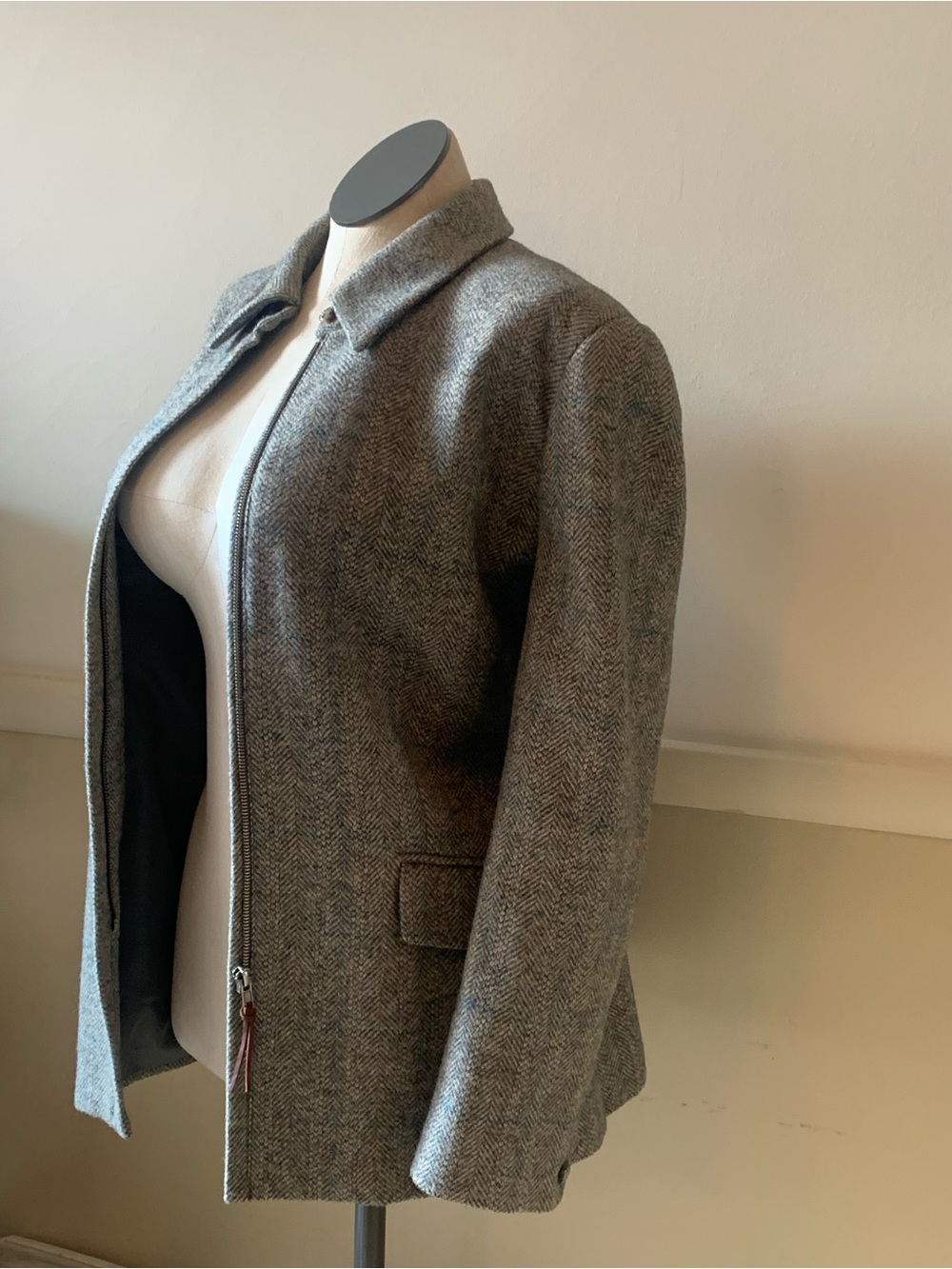 Wool Ralph Lauren Gray Herringbone Zip-Front Blazer Jacket - Picture 3 of 7